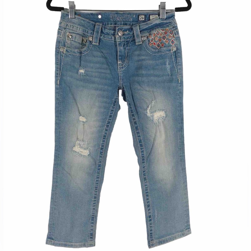 Miss Me Jeans SIGNATURE CUFFED CAPRI Crop Distressed Embroidered JP8229P Size 26